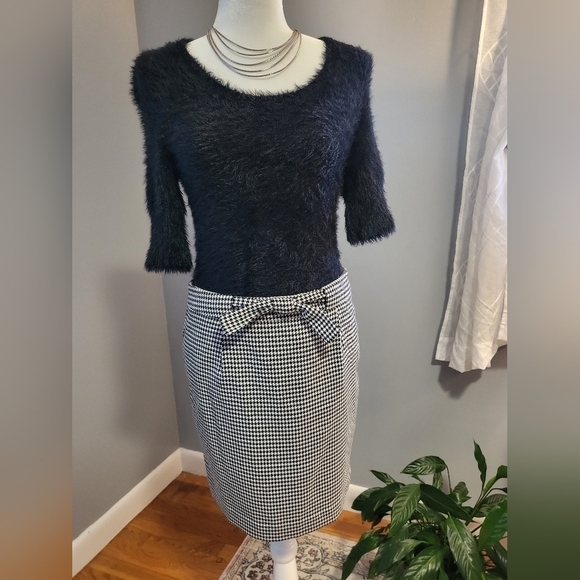 Loft Houndstooth Black and White Back Zip Pencil Skirt with Bow Detail Size 4 - Picture 1 of 8